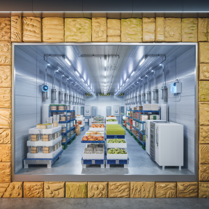 A cross-sectional view of a cold storage facility. There is advanced insulation on the exterior walls. The interior contains various food items. There are refrigeration units and IoT sensors throughout the facility. The floor is concrete. The lighting is bright. Less